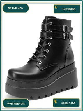 Women Platform Combat Lace Up Ankle Boots Faux Leather Goth Chunky Heeled